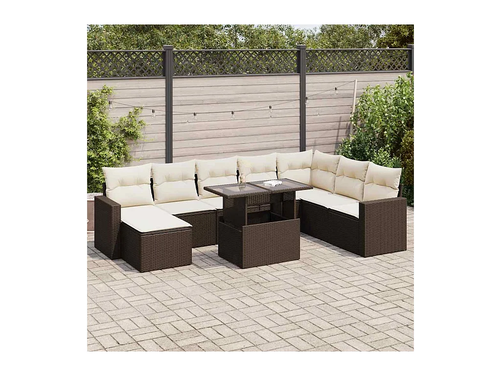 Salon de jardin avec coussins 9 pcs marron résine tressée