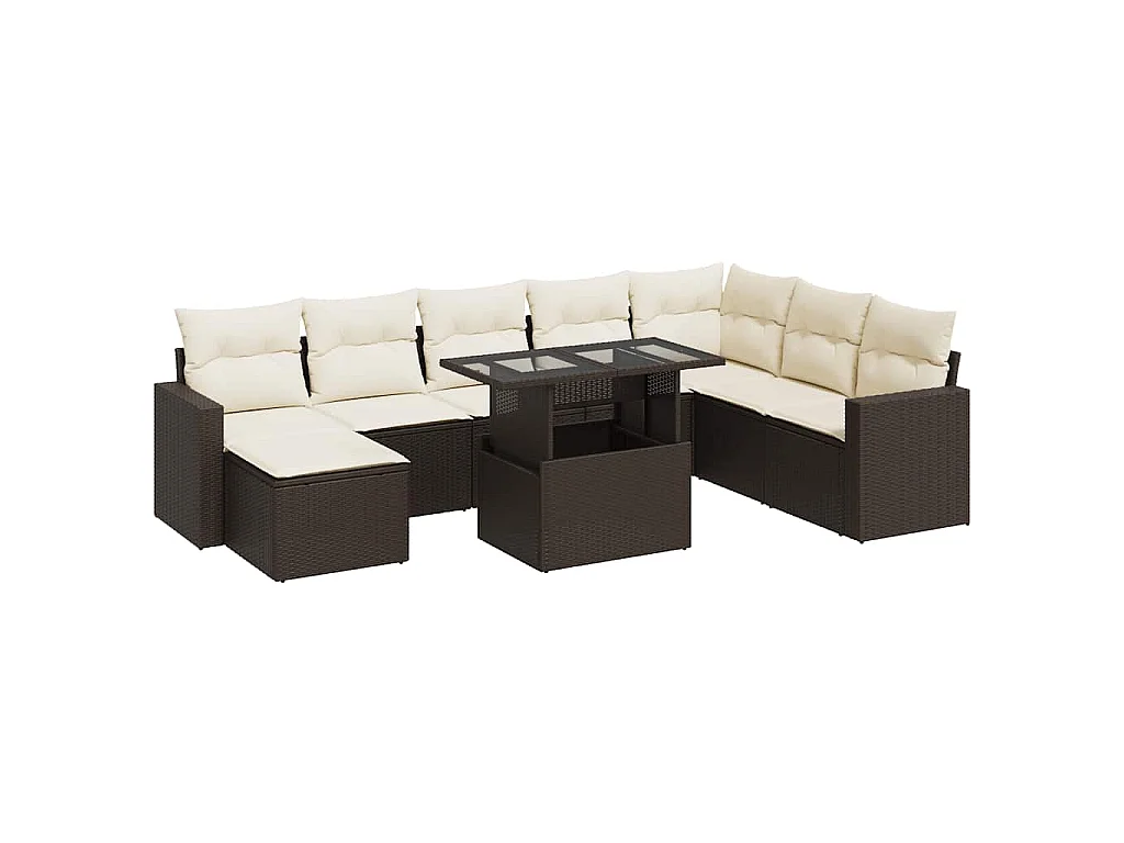 9-tlg. Garten-Sofagarnitur mit Kissen Braun Poly Rattan
