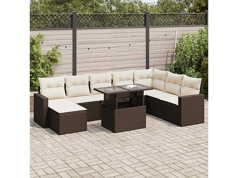 Salon de jardin avec coussins 9 pcs marron résine tressée