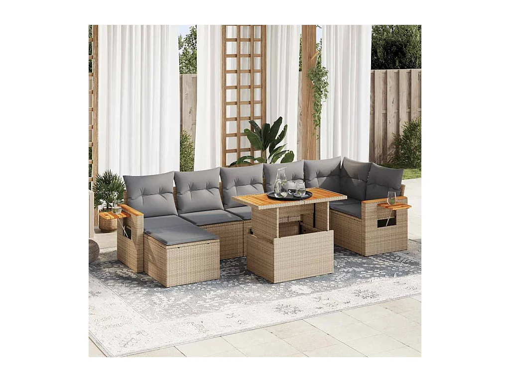 Set sofás jardín y cojines 8 pzas ratán sintético acacia beige