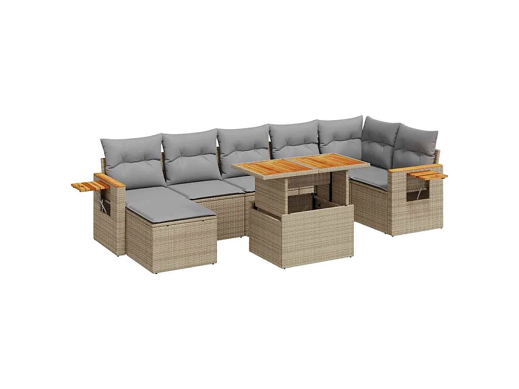 Salon de jardin avec coussins 8 pcs beige résine tressée acacia
