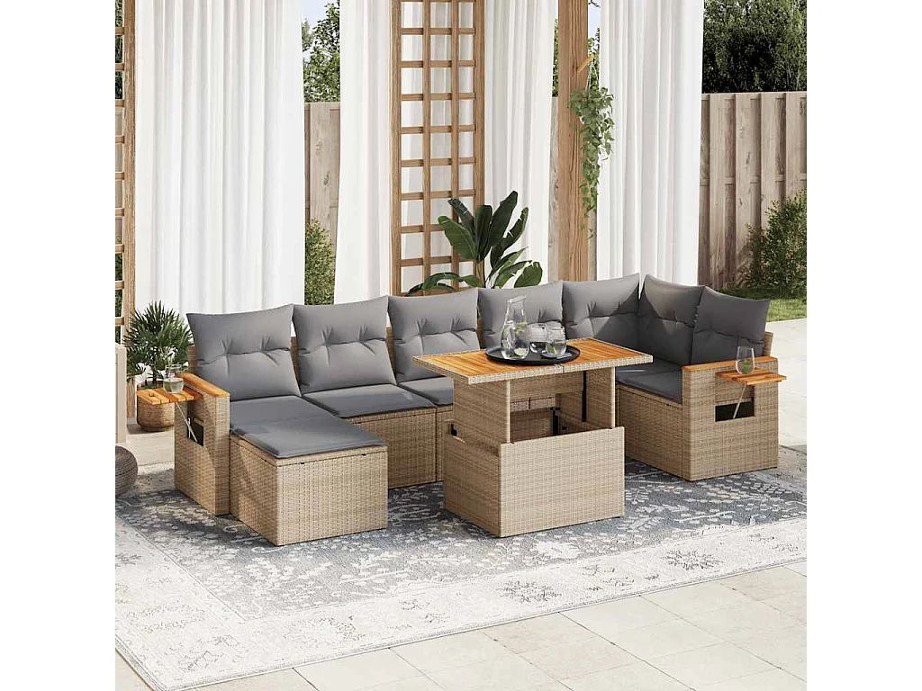 Salon de jardin avec coussins 8 pcs beige résine tressée acacia