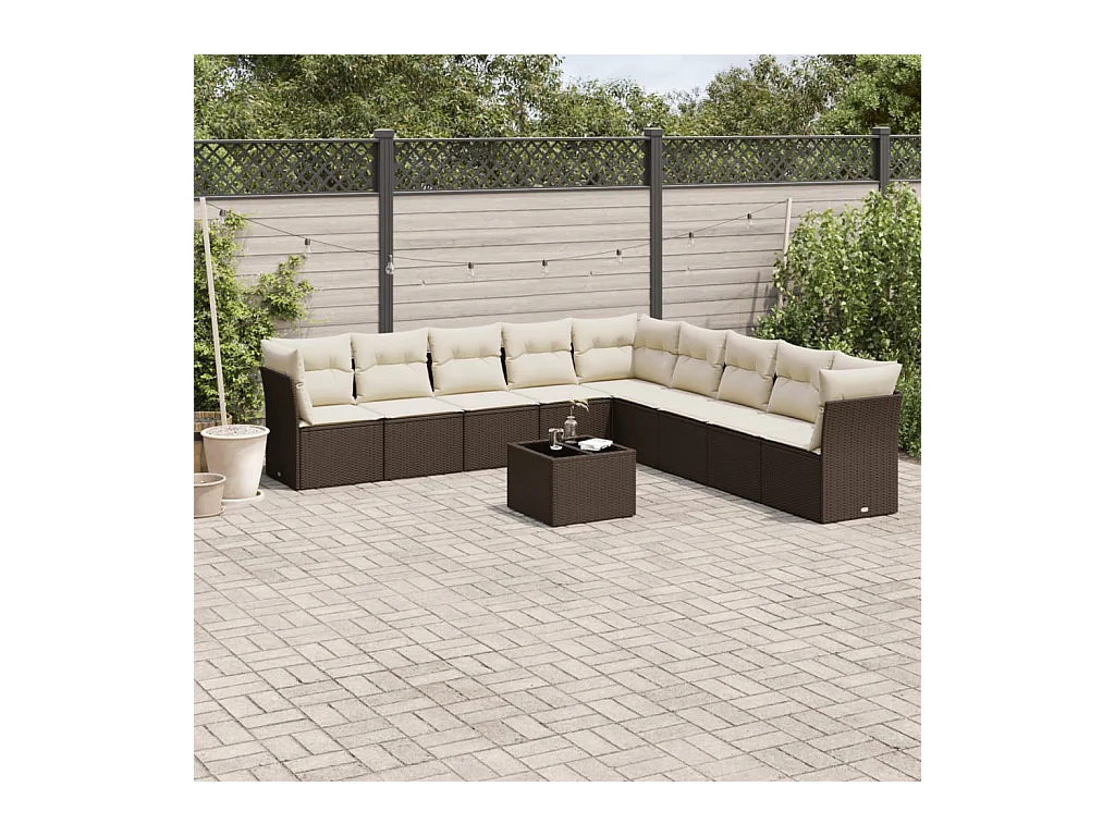 10-delige Loungeset met kussens poly rattan bruin