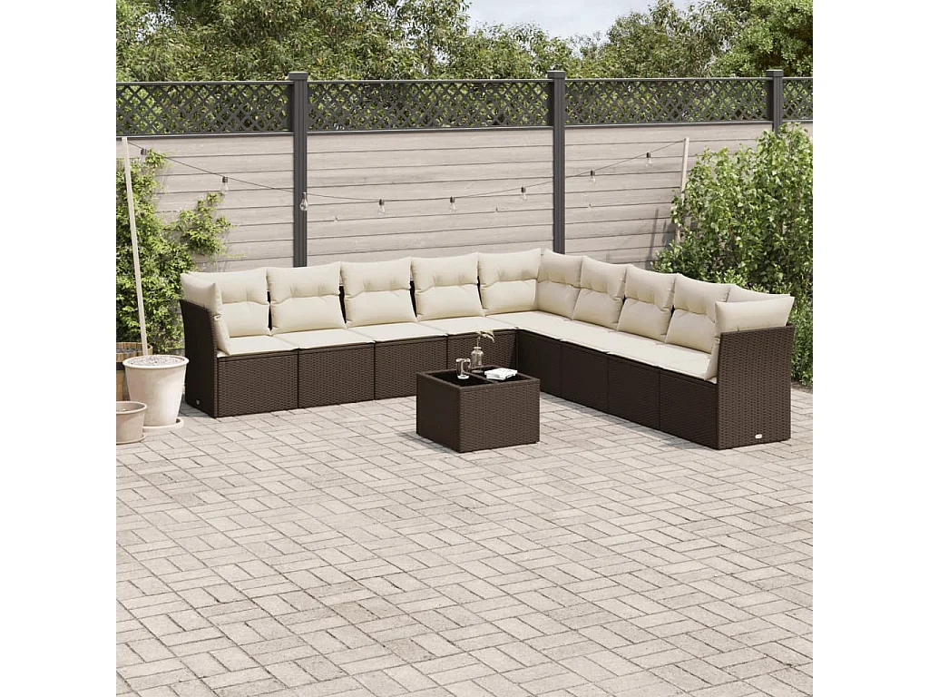 10-delige Loungeset met kussens poly rattan bruin