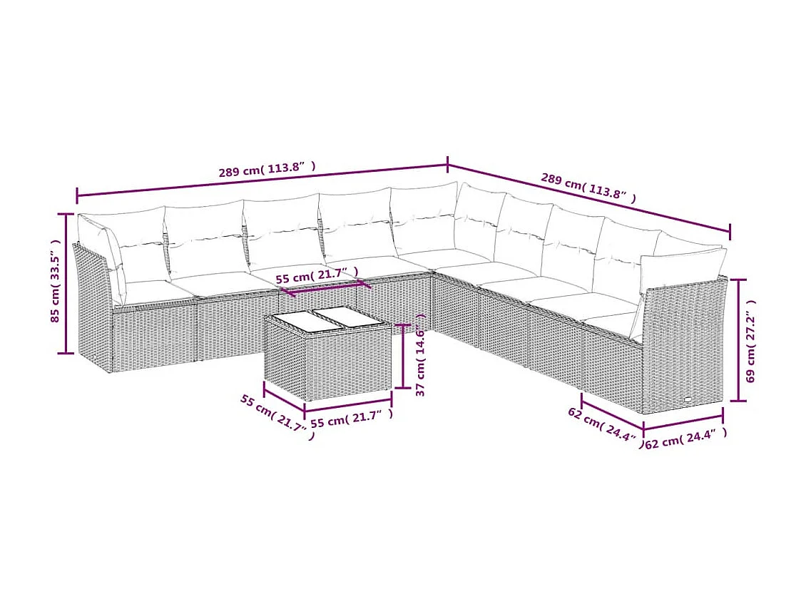 10-delige Loungeset met kussens poly rattan bruin
