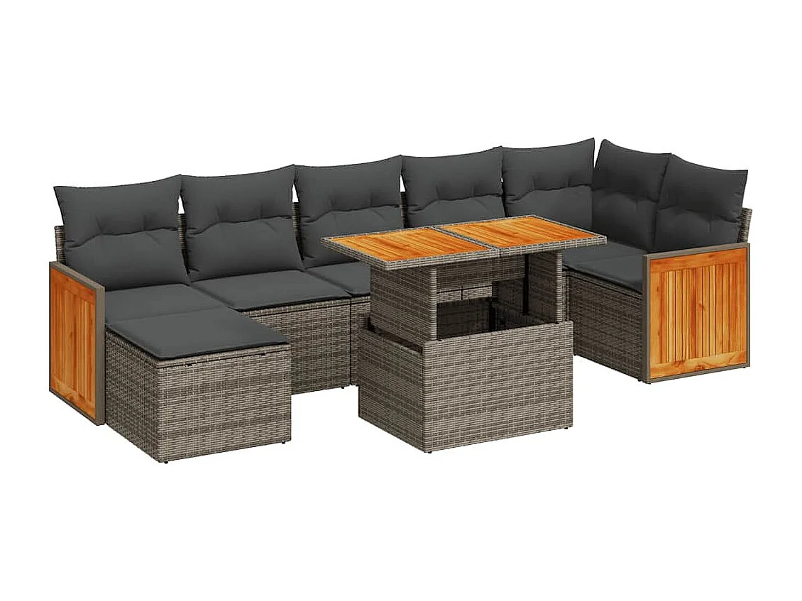 Salon de jardin avec coussins 8 pcs gris résine tressée acacia