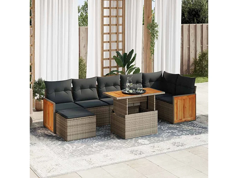 Salon de jardin avec coussins 8 pcs gris résine tressée acacia