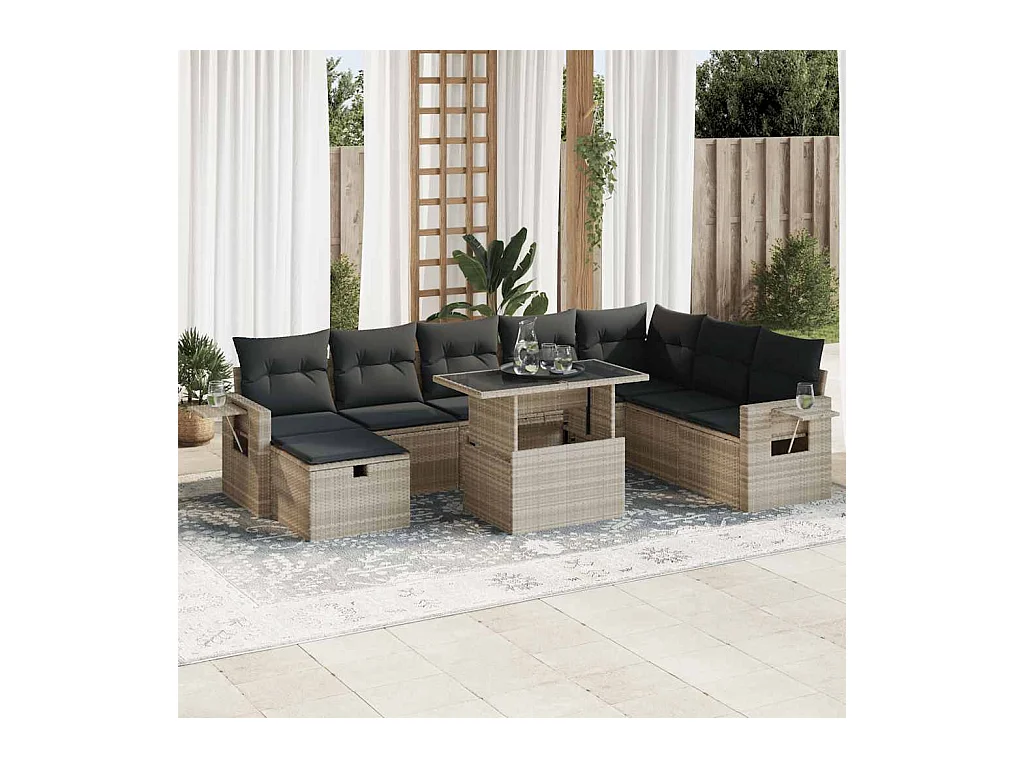 Salon de jardin 9 pcs avec coussins gris clair résine tressée