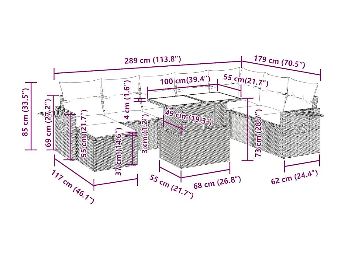Salon de jardin 9 pcs avec coussins gris clair résine tressée
