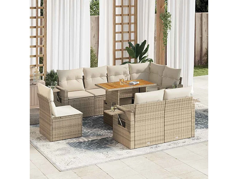 9-tlg. Garten-Sofagarnitur mit Kissen Beige Poly Rattan