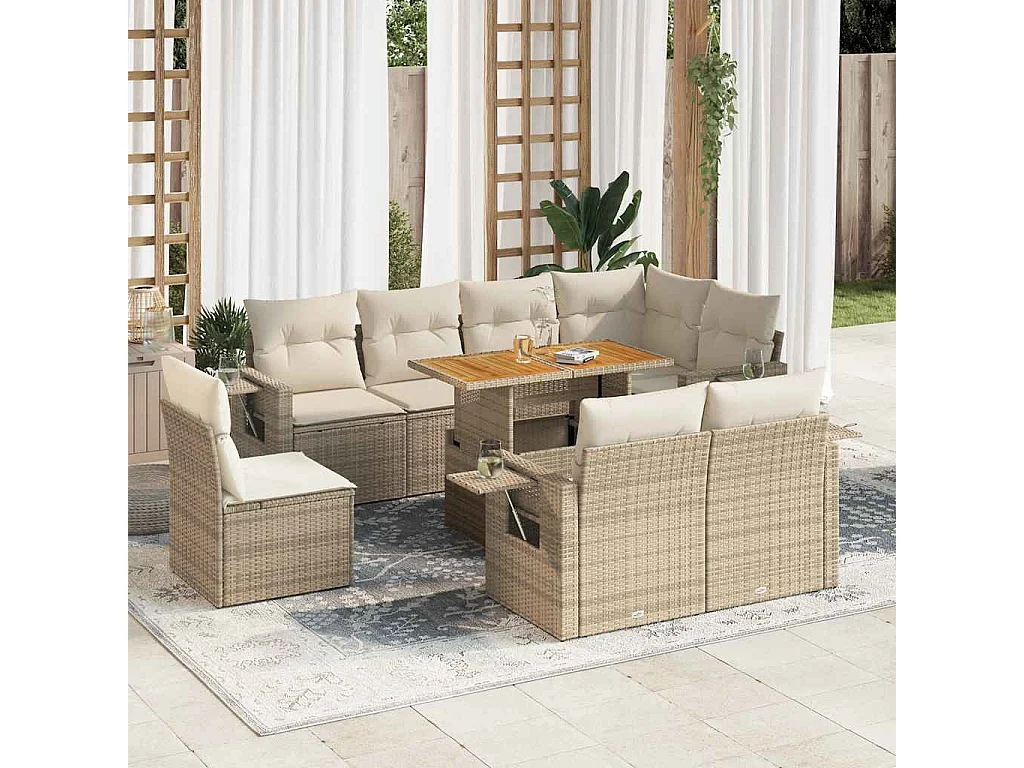 Salon de jardin avec coussins 9 pcs beige résine tressée