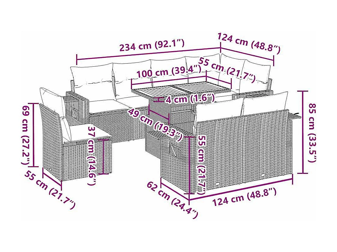 Salon de jardin avec coussins 9 pcs beige résine tressée