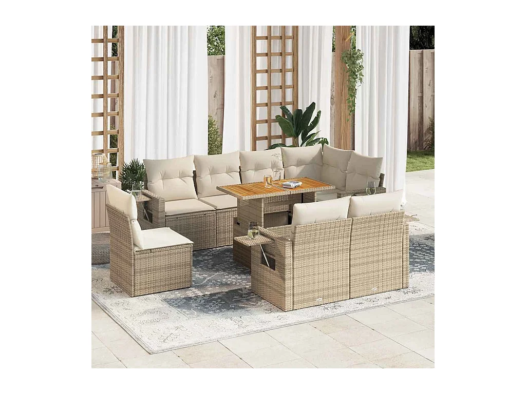 Salon de jardin avec coussins 9 pcs beige résine tressée