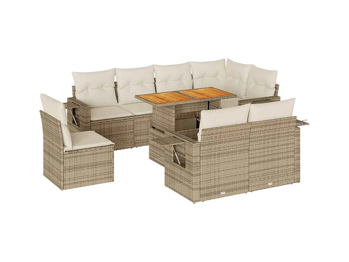 9-tlg. Garten-Sofagarnitur mit Kissen Beige Poly Rattan