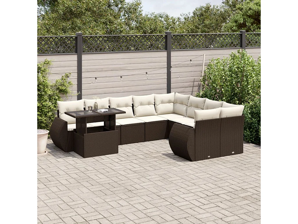 Salon de jardin 10 pcs avec coussins marron résine tressée