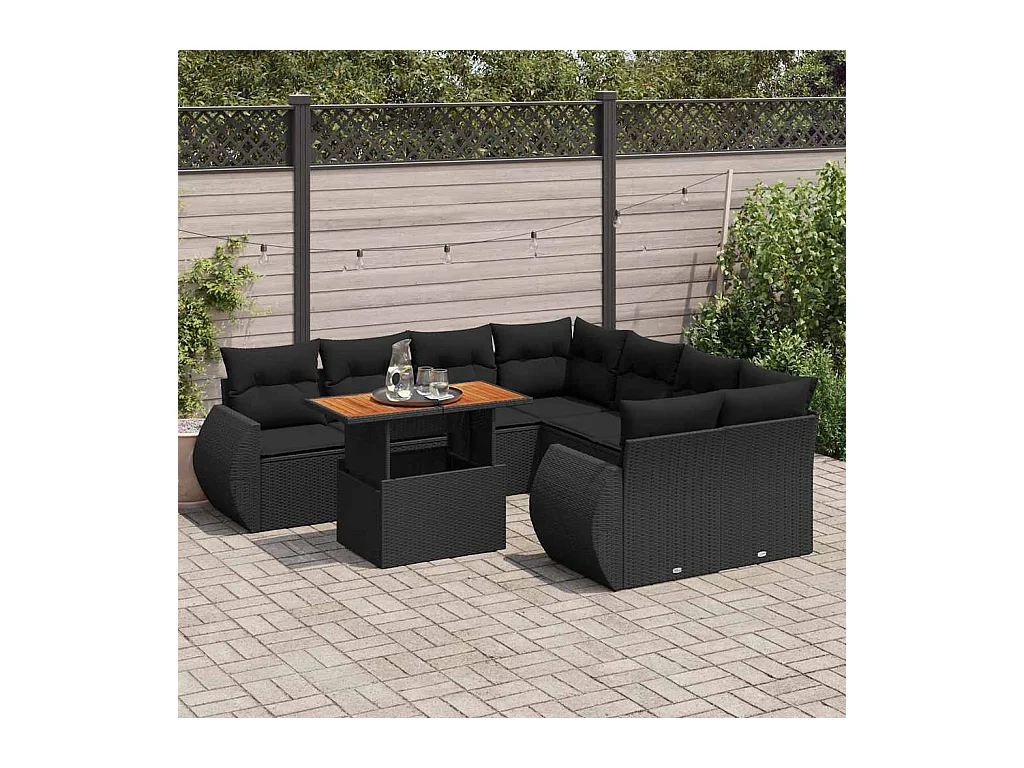 Salon de jardin 9 pcs avec coussins noir résine tressée