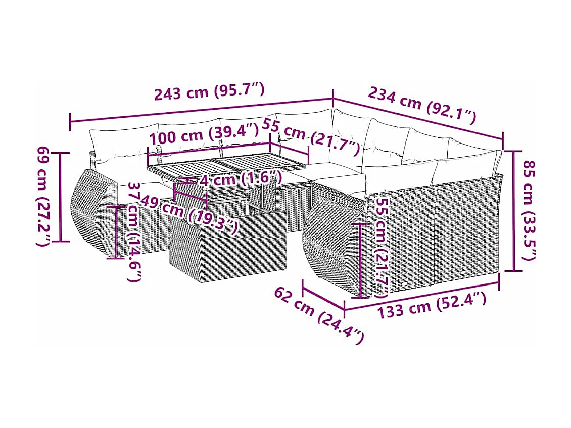 9-tlg. Garten-Sofagarnitur mit Kissen Schwarz Poly Rattan