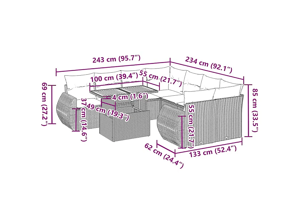 9-tlg. Garten-Sofagarnitur mit Kissen Schwarz Poly Rattan