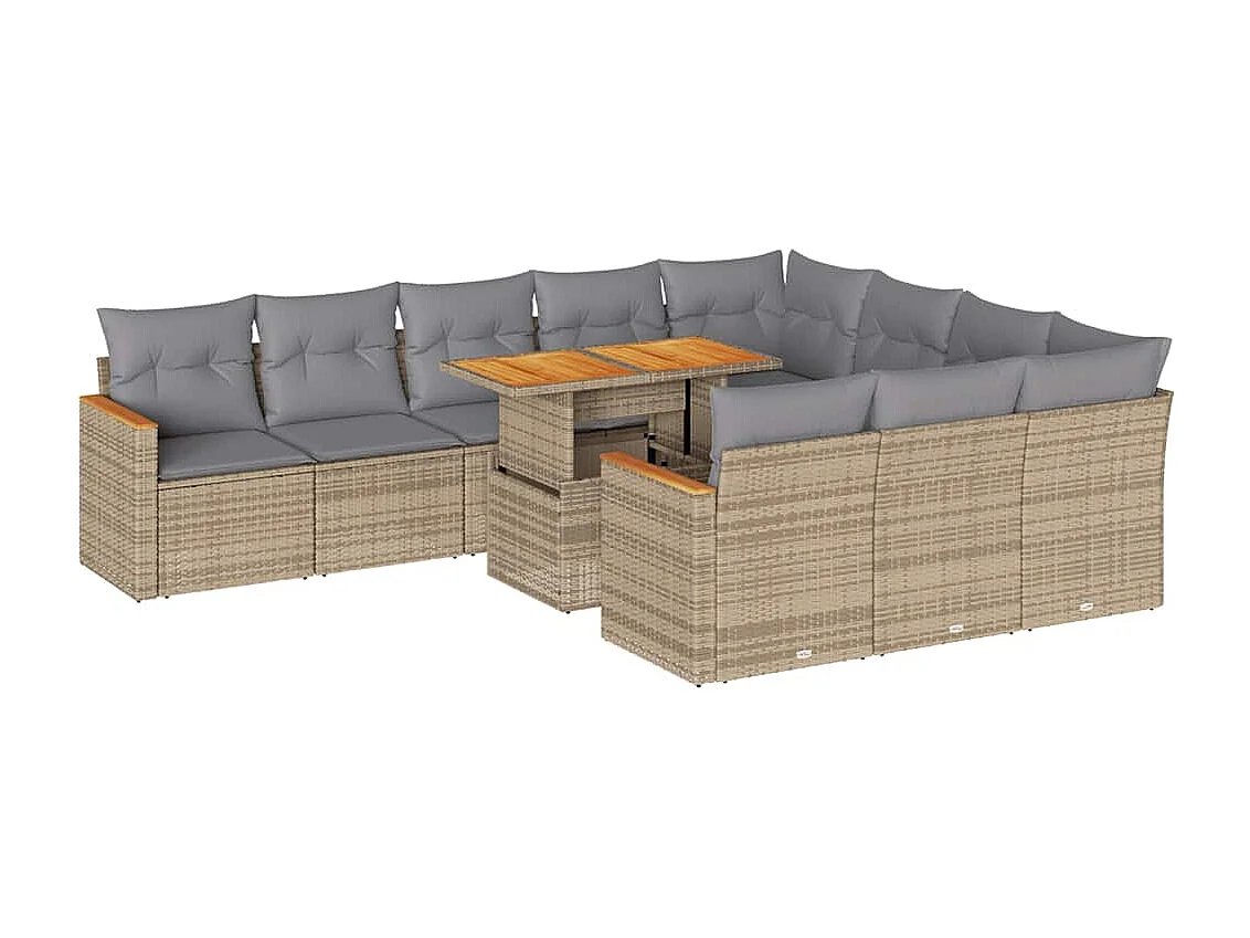 11 pcs conjunto sofás jardim c/ almofadões vime PE/acácia bege