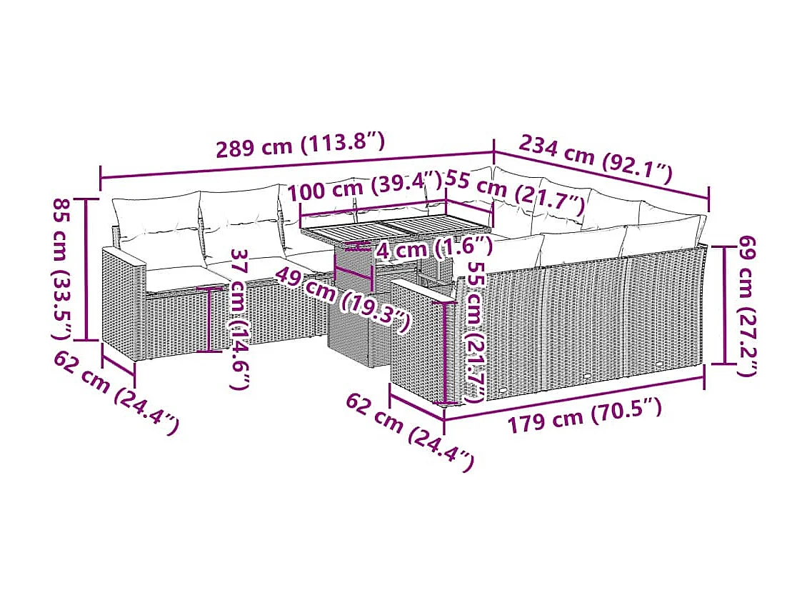 11 pcs conjunto sofás jardim c/ almofadões vime PE/acácia bege