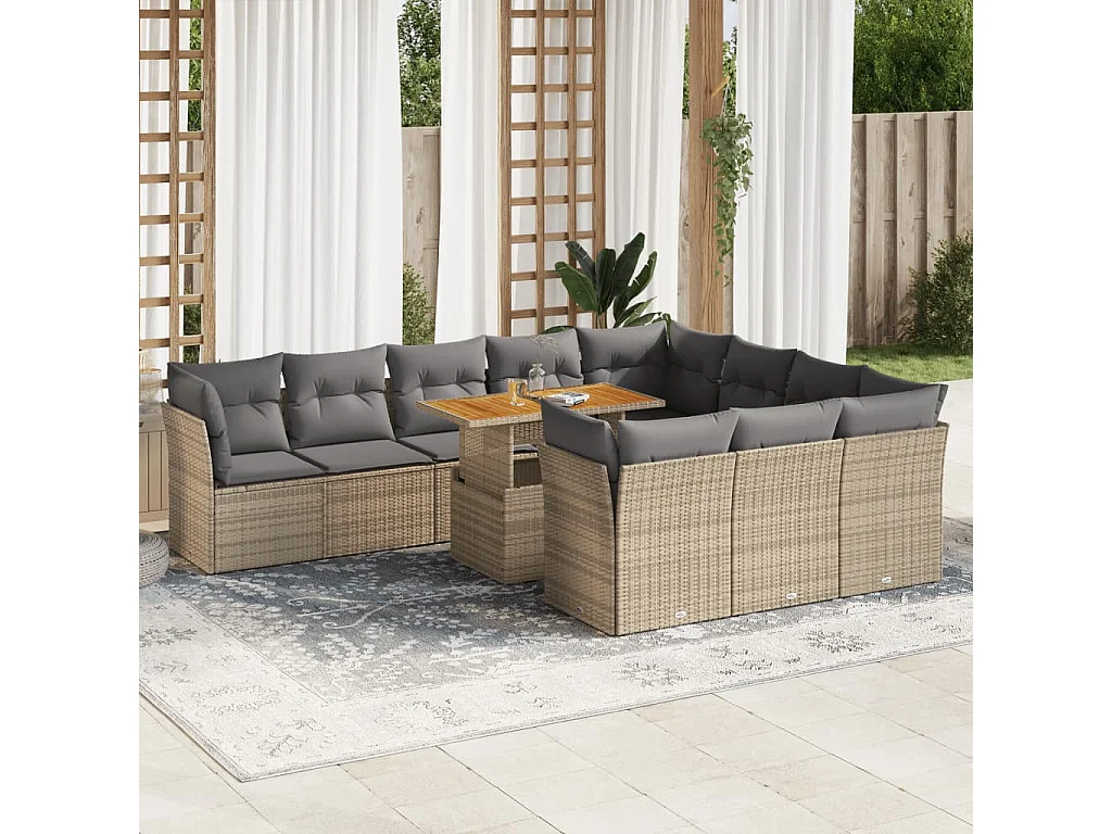 Set Divani da Giardino 11 pz con Cuscini Beige in Polyrattan