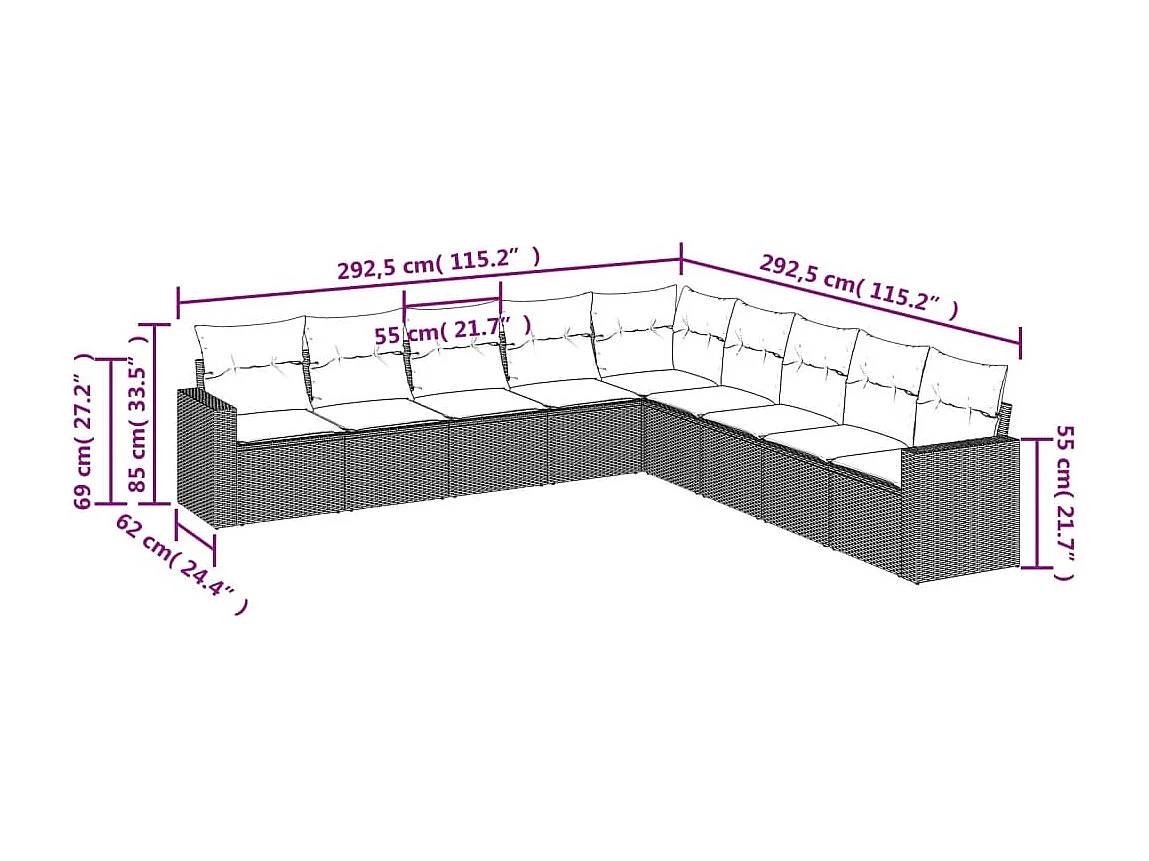 9-delige Loungeset met kussens poly rattan lichtgrijs