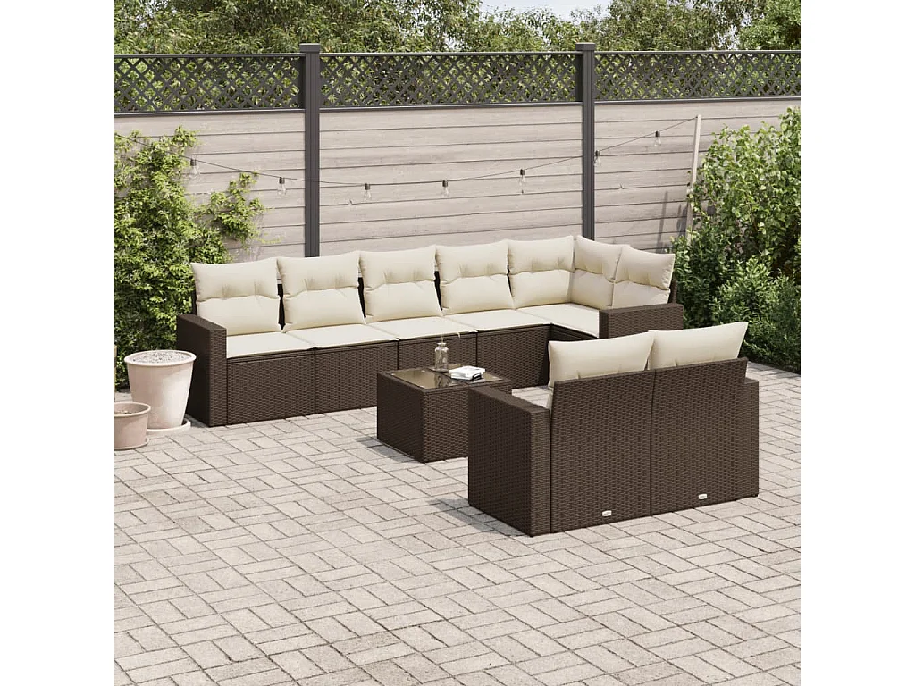 Salon de jardin avec coussins 9 pcs marron résine tressée