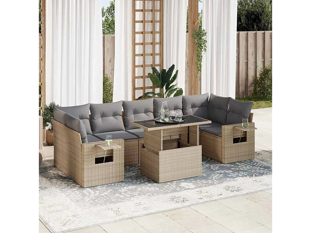 8-tlg. Garten-Sofagarnitur mit Kissen Beige Poly Rattan