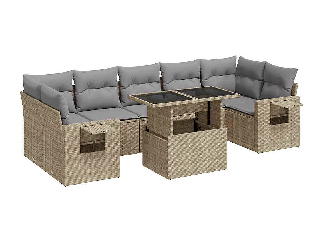 Salon de jardin avec coussins 8 pcs beige résine tressée