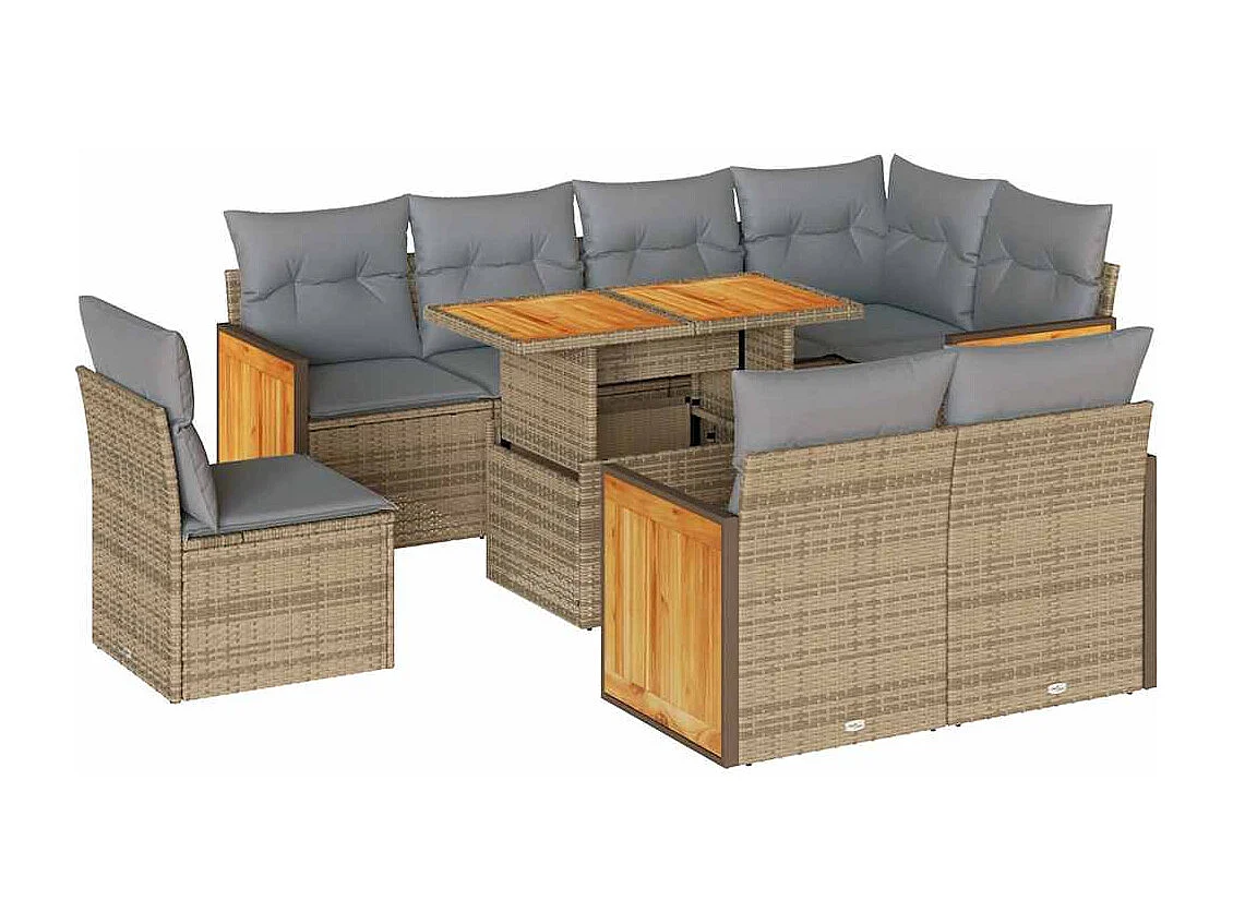 Set Divano da Giardino 9 pz con Cuscini Beige Polyrattan Acacia