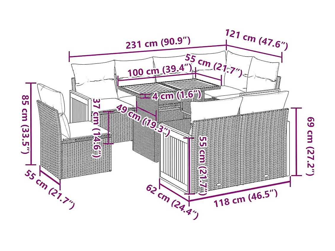Set Divano da Giardino 9 pz con Cuscini Beige Polyrattan Acacia