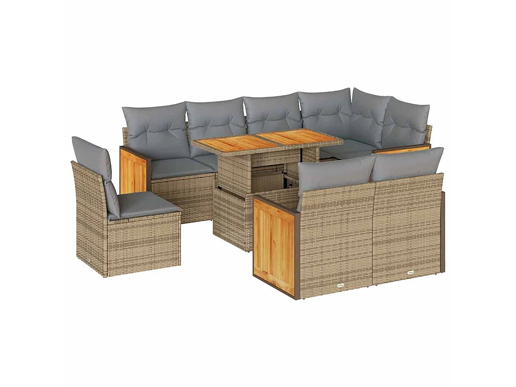 Salon de jardin avec coussins 9 pcs beige résine tressée acacia