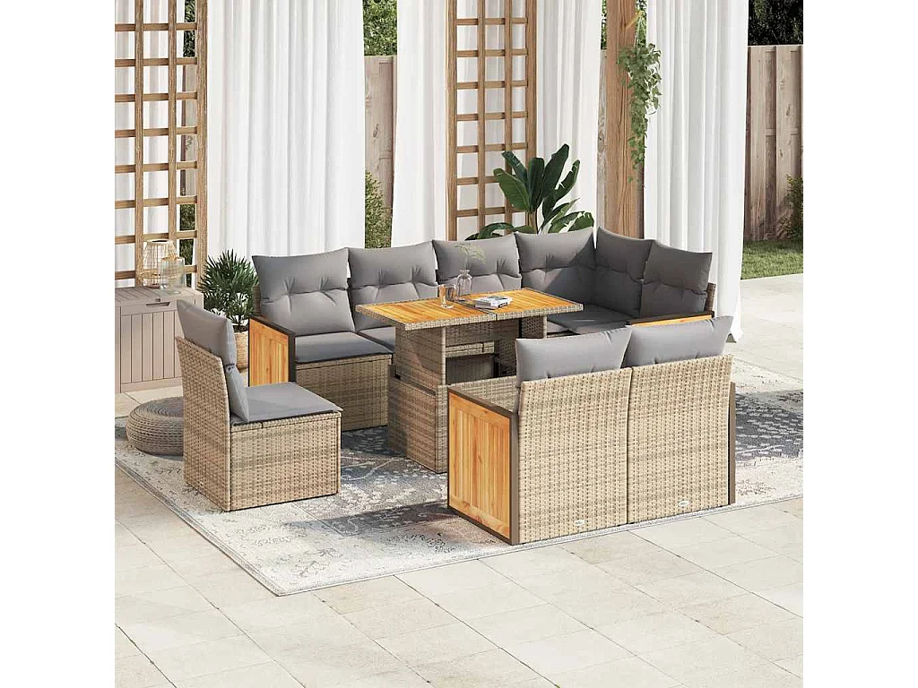 Salon de jardin avec coussins 9 pcs beige résine tressée acacia