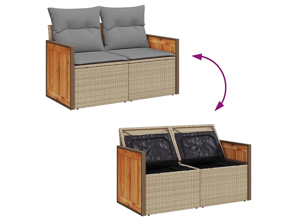 Salon de jardin avec coussins 9 pcs beige résine tressée acacia