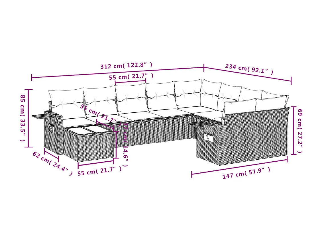 10-tlg. Garten-Sofagarnitur mit Kissen Braun Poly Rattan