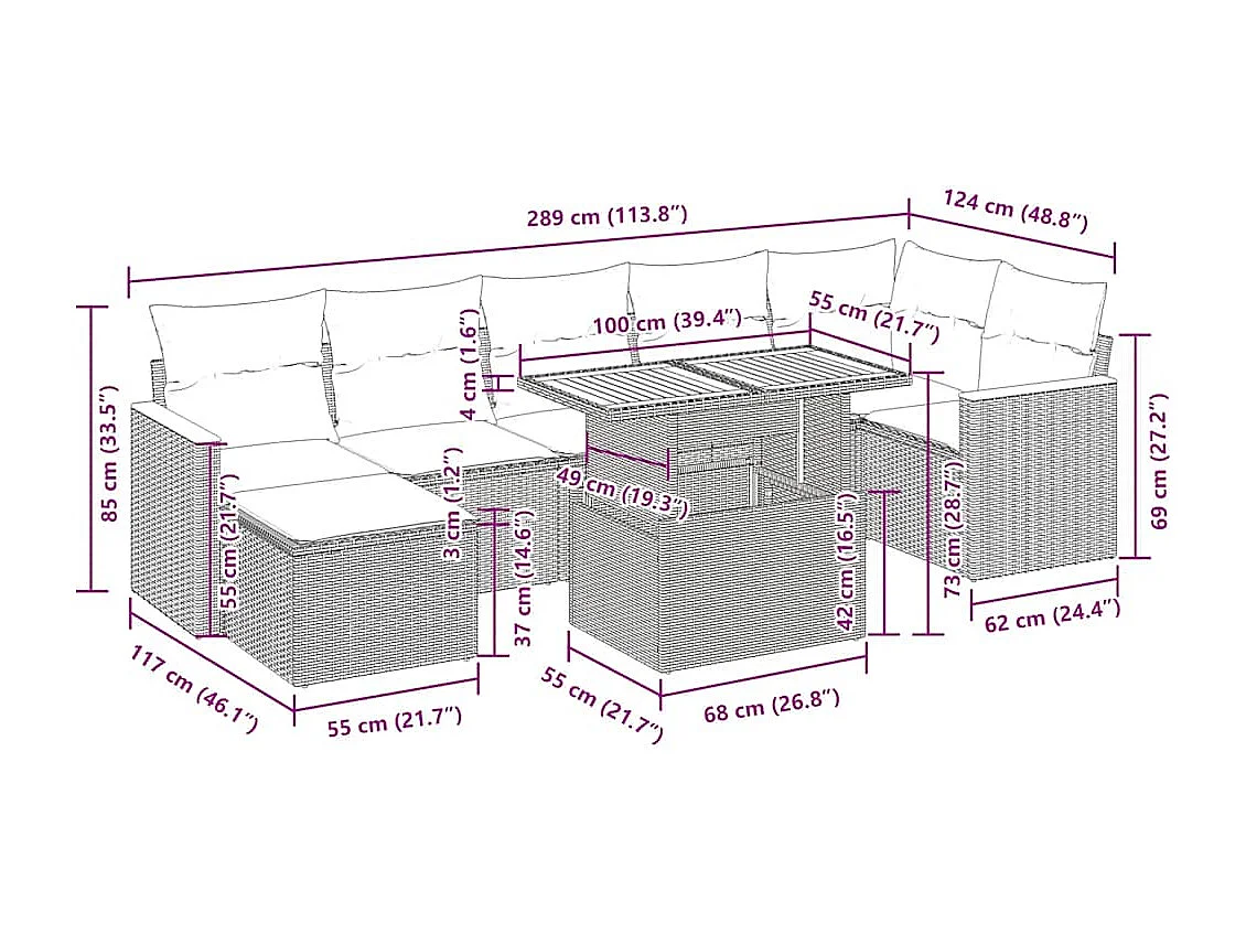 Salon de jardin avec coussins 8 pcs noir résine tressée acacia