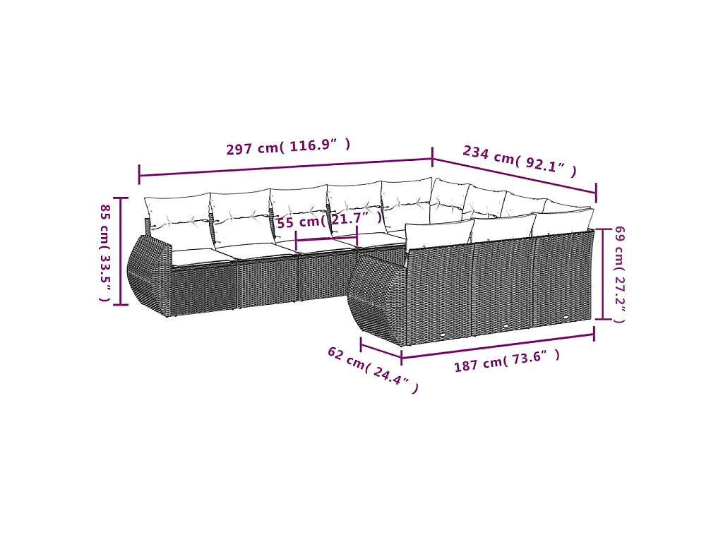 10-delige Loungeset met kussens poly rattan bruin