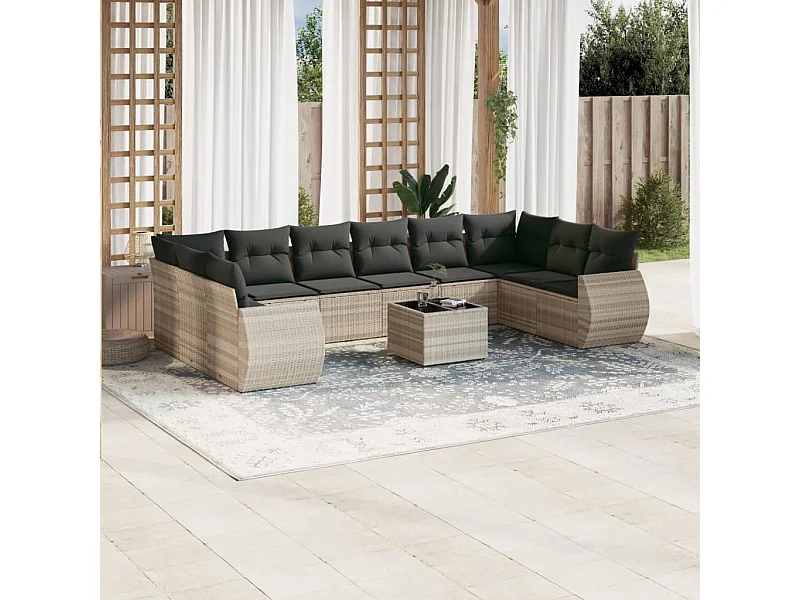 11-tlg. Garten-Sofagarnitur mit Kissen Hellgrau Poly Rattan