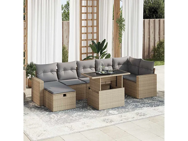 Set Divano da Giardino 8 pz con Cuscini Beige in Polyrattan