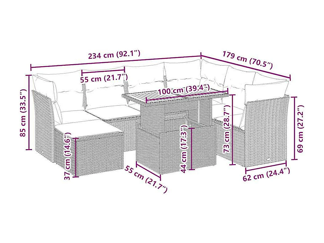 Salon de jardin avec coussins 8 pcs beige résine tressée
