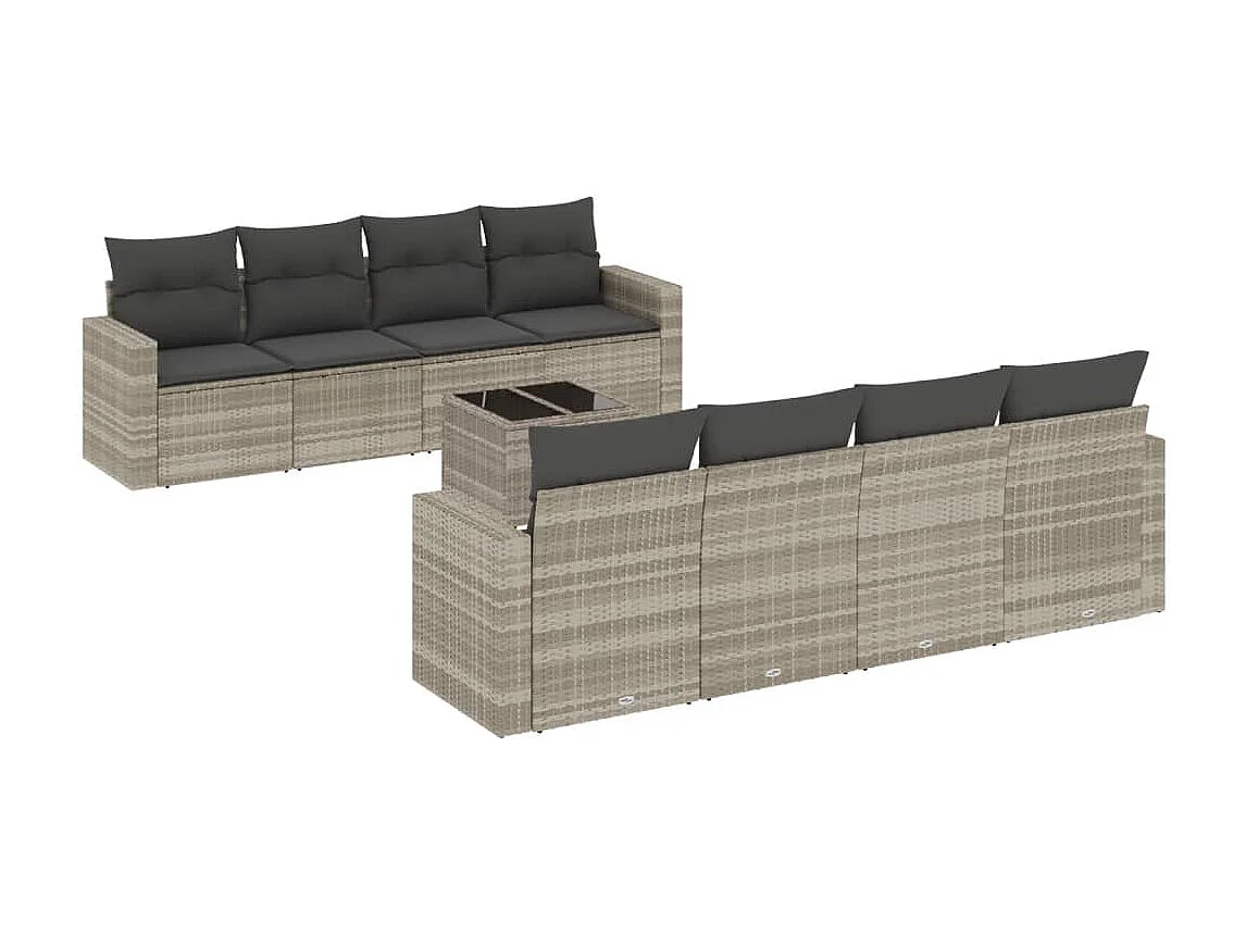 9-tlg. Garten-Sofagarnitur mit Kissen Hellgrau Poly Rattan