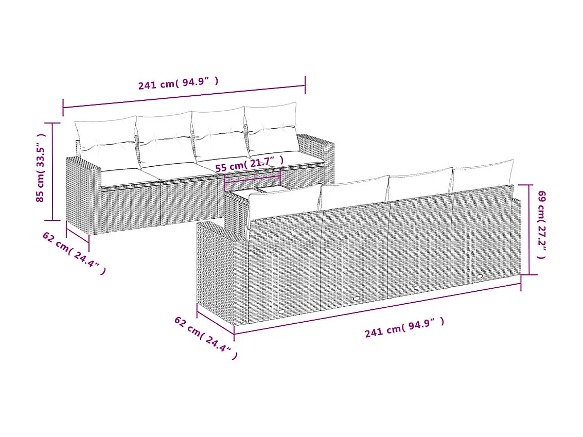 9-tlg. Garten-Sofagarnitur mit Kissen Hellgrau Poly Rattan