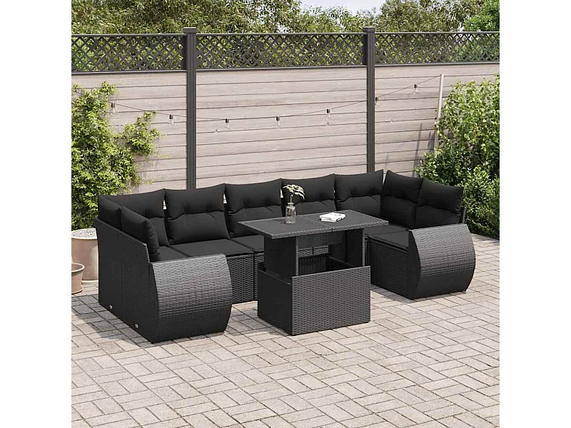 8-tlg. Garten-Sofagarnitur mit Kissen Schwarz Poly Rattan