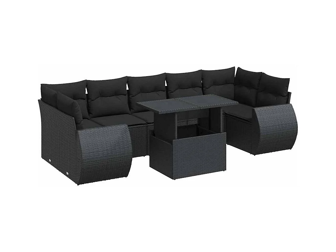 8-delige Loungeset met kussens poly rattan zwart