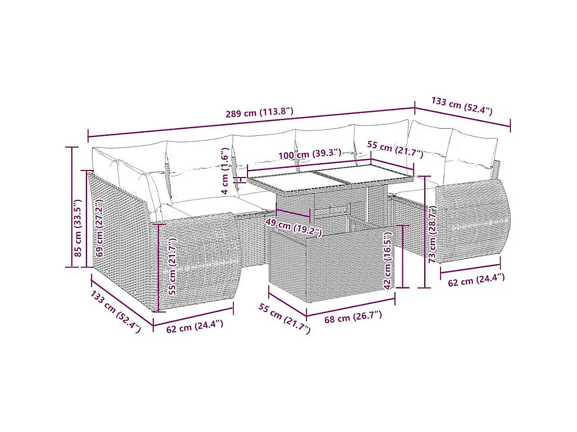 8-delige Loungeset met kussens poly rattan zwart