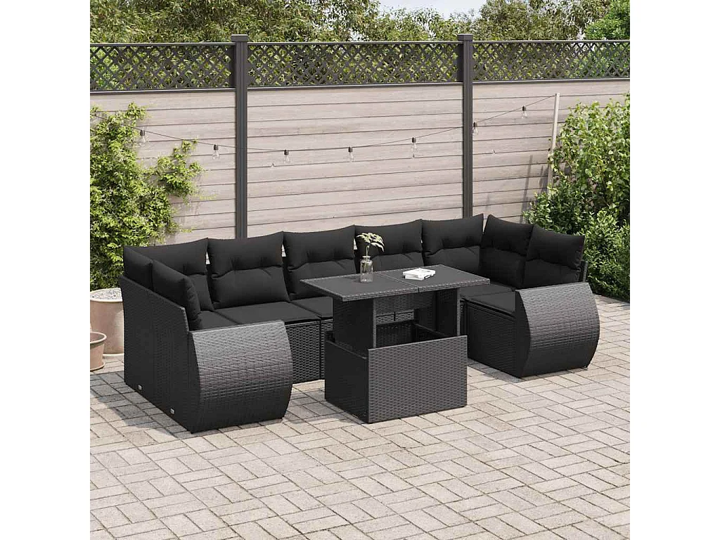 8-tlg. Garten-Sofagarnitur mit Kissen Schwarz Poly Rattan