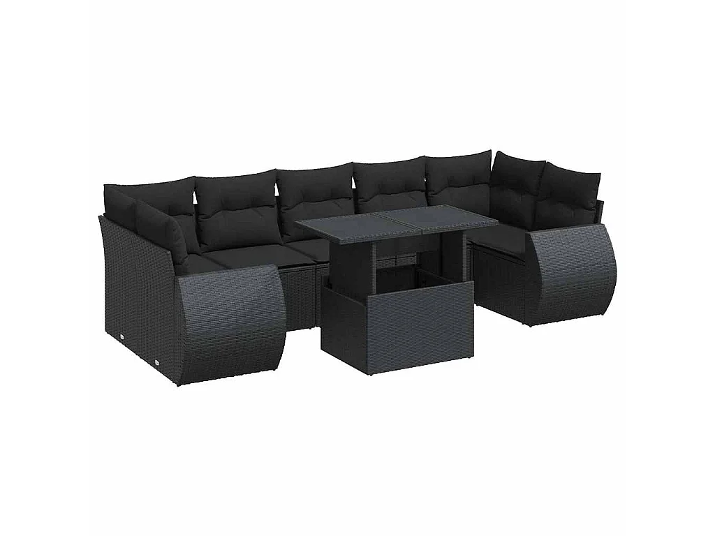 8-delige Loungeset met kussens poly rattan zwart