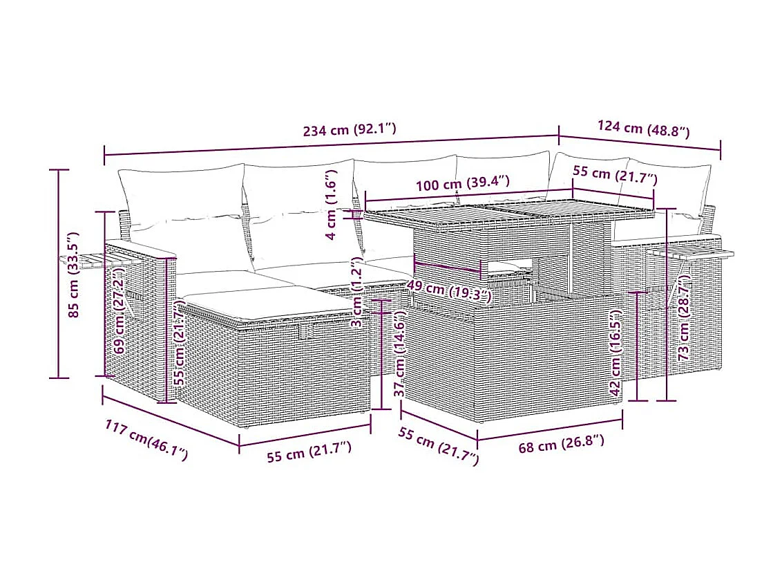 Salon de jardin 8 pcs avec coussins noir résine tressée