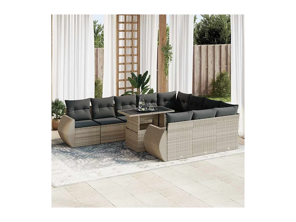 Salon de jardin 11 pcs avec coussins gris clair résine tressée