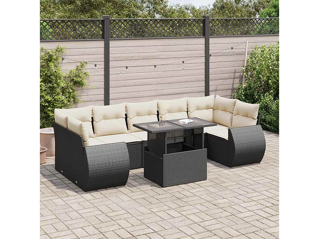 Salon de jardin 8 pcs avec coussins noir résine tressée